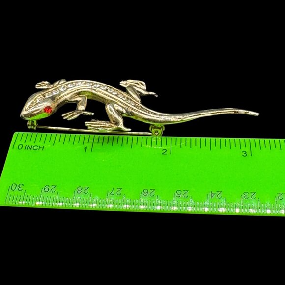 Vintage Gold Tone Brooch Pin Lizard Red stones Eyes and Clear Stones Spine READ - Picture 5 of 5